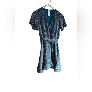 Floral Teal Wrap Midii Dress with Tie Waist